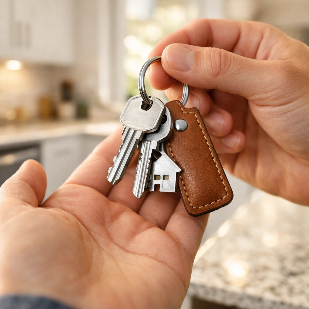 First-time homebuyer holding keys to a new house in Live Oak with a modern kitchen background.