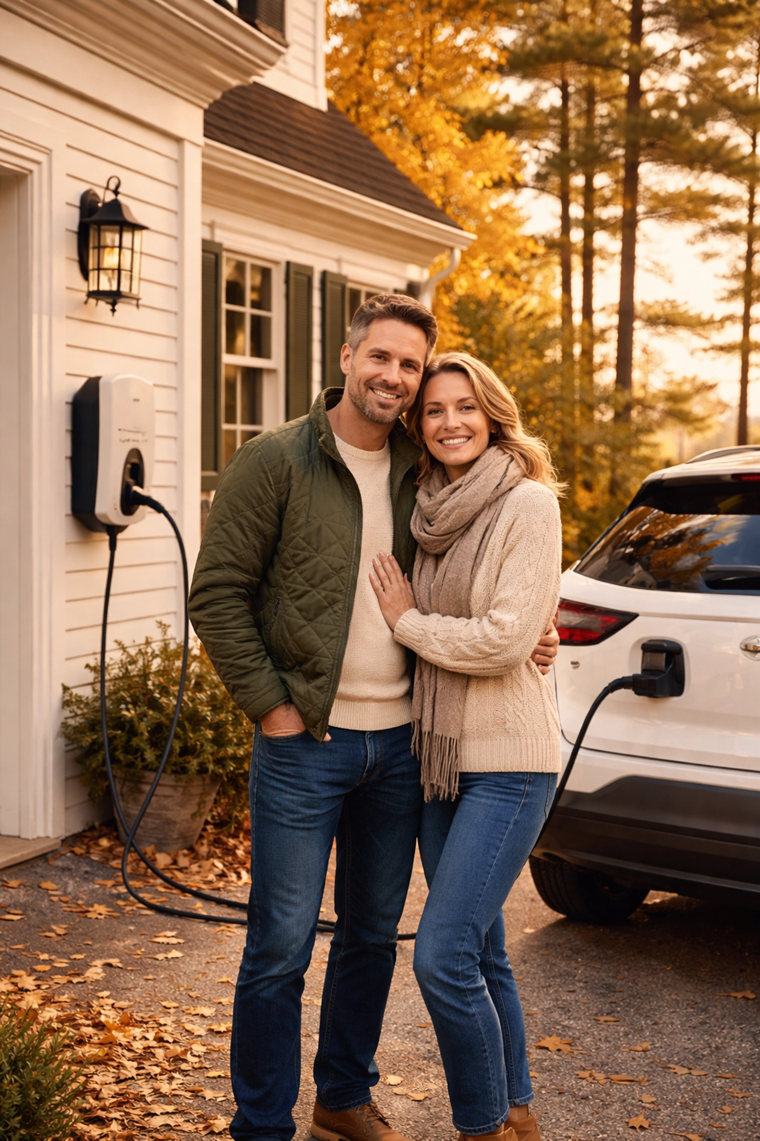 Happy couple charging their electric car at a home EV station outside a classic New England house in Maine