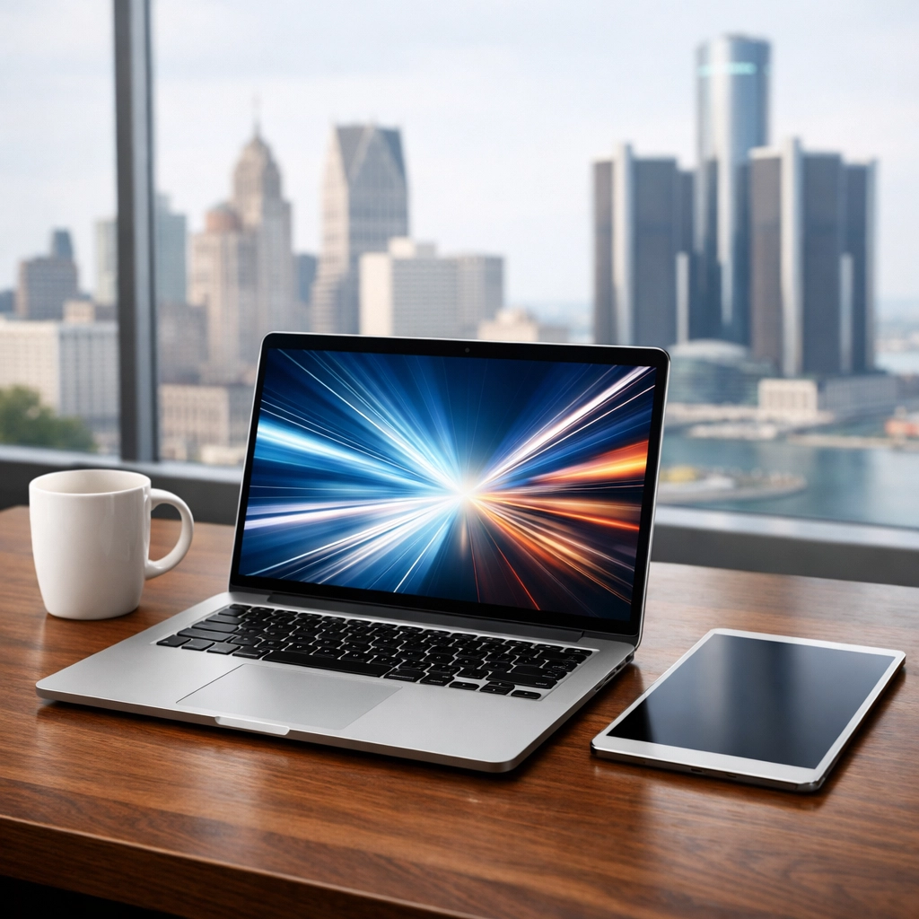 Modern Detroit office desk with a laptop showcasing professional website speed and backend IT performance.