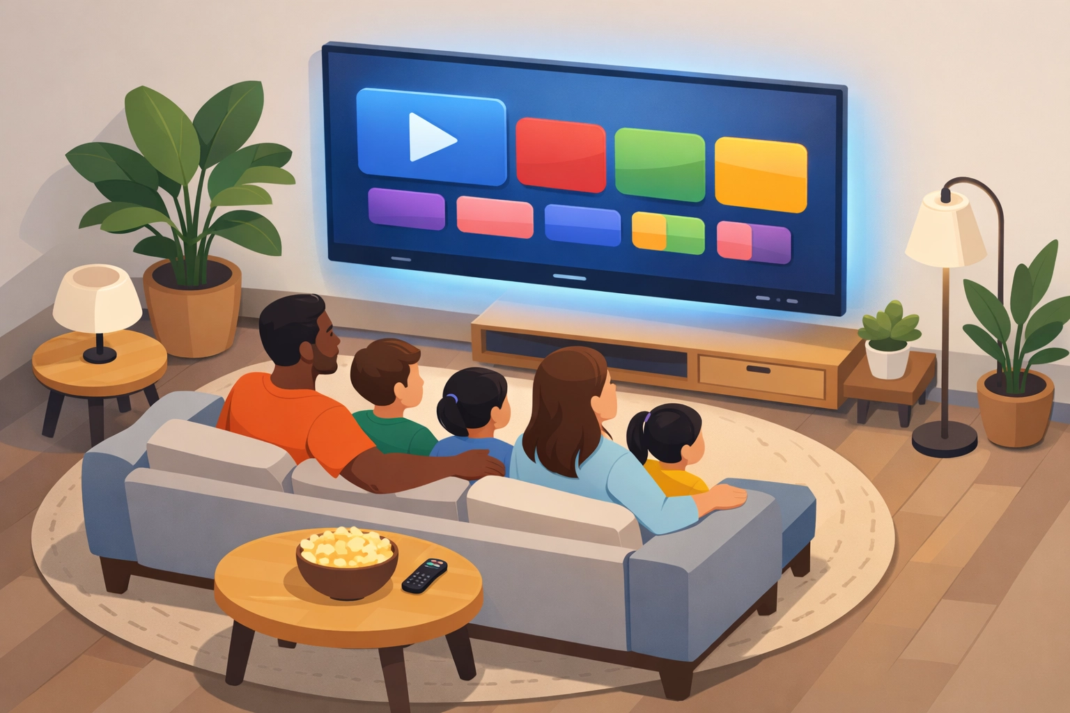 Family watching connected TV streaming services in modern living room