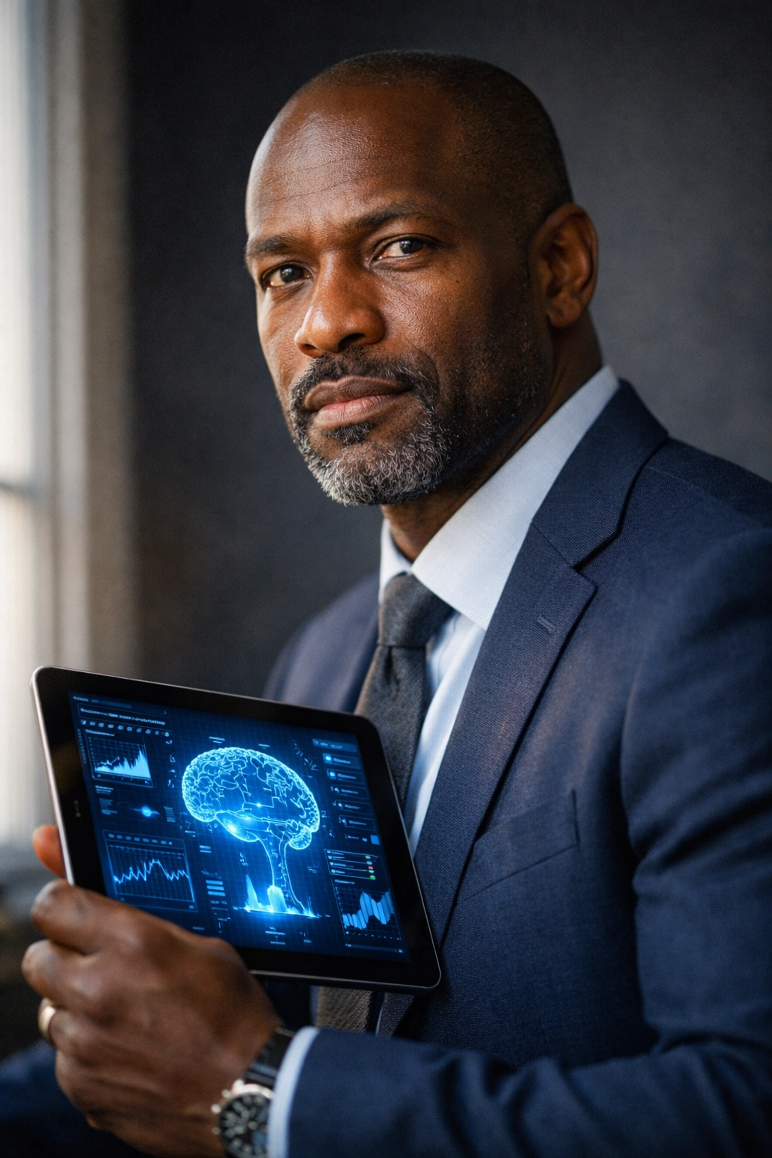 Thoughtful leader looking beyond AI analytics toward human-centered transformation strategy