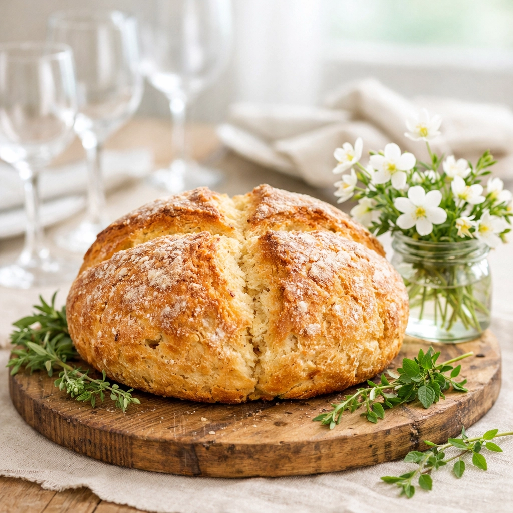 Traditional Irish soda bread centerpiece with spring wildflowers on a farmhouse table.