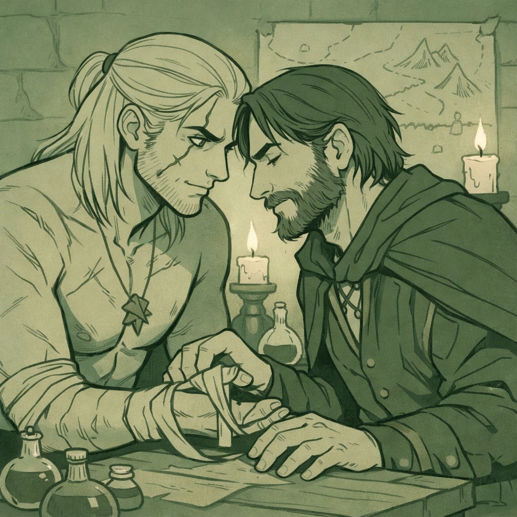 MM romance scene: guild master tends to wounded witcher in chamber