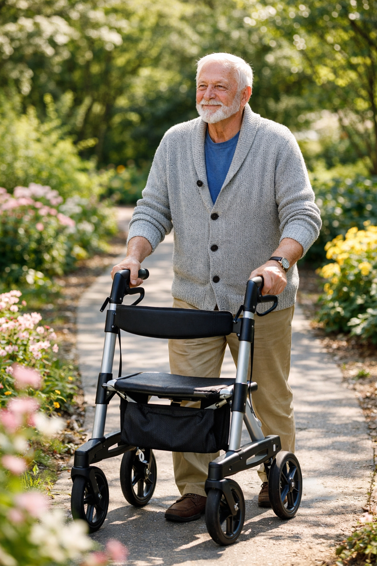An active senior man using a mobility walker to walk safely and independently on a garden path.