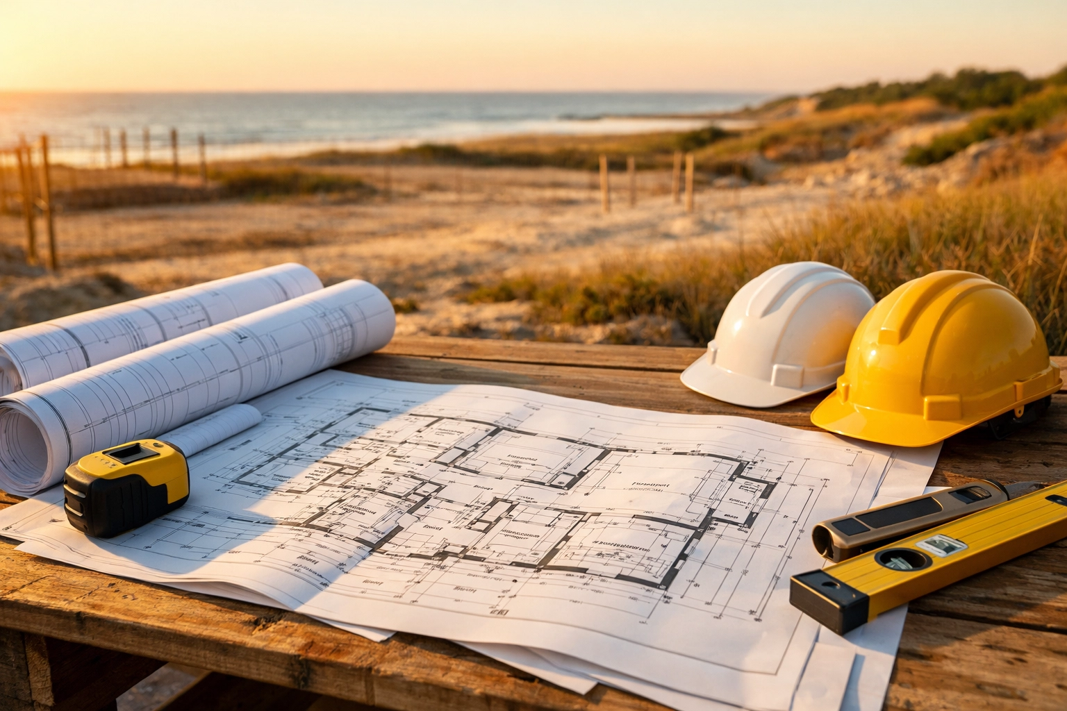 Custom home blueprints and construction plans during pre-construction planning phase in coastal NC