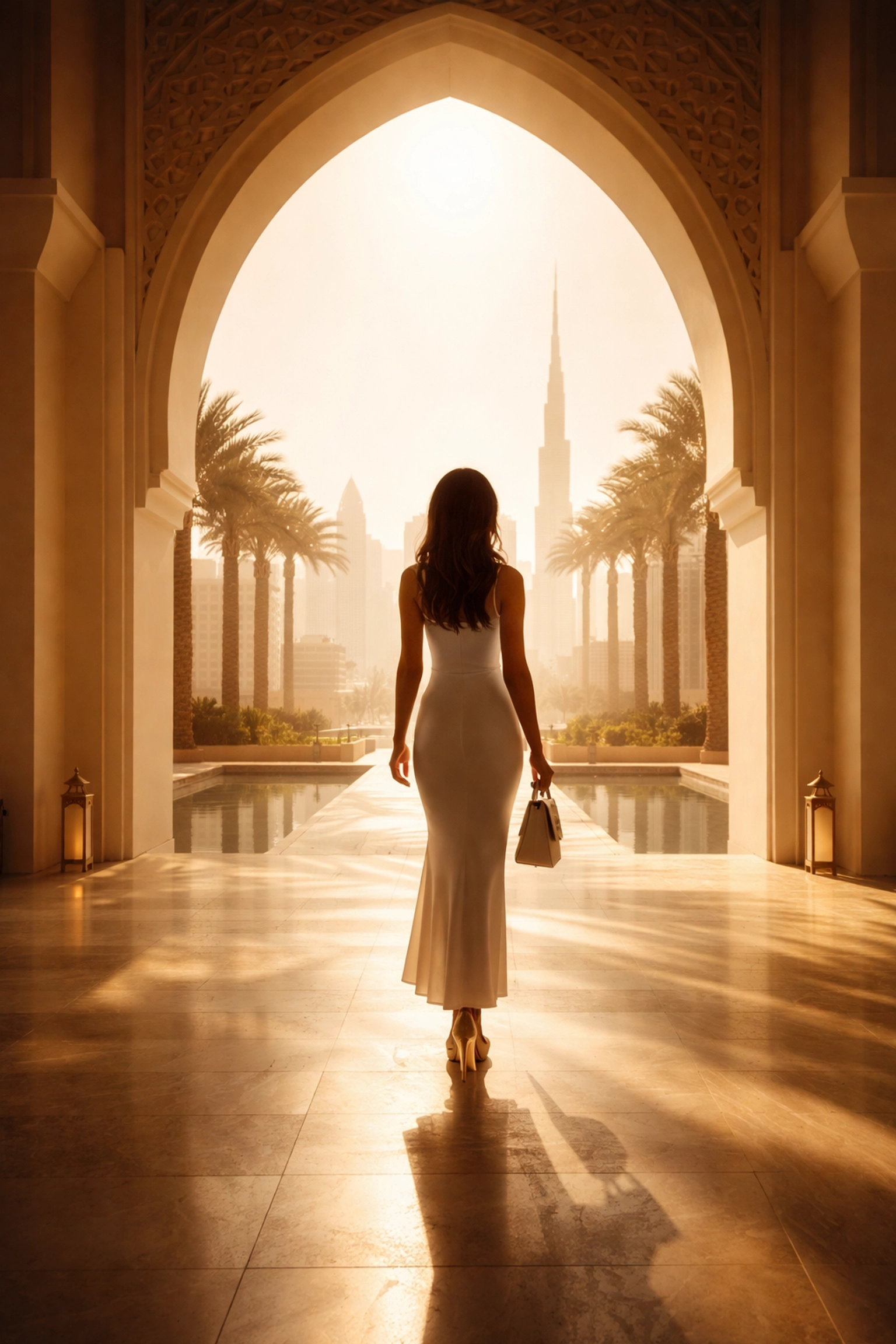 Silhouette of confident woman leader at modern Dubai building, symbolising Middle Eastern leadership transformation.