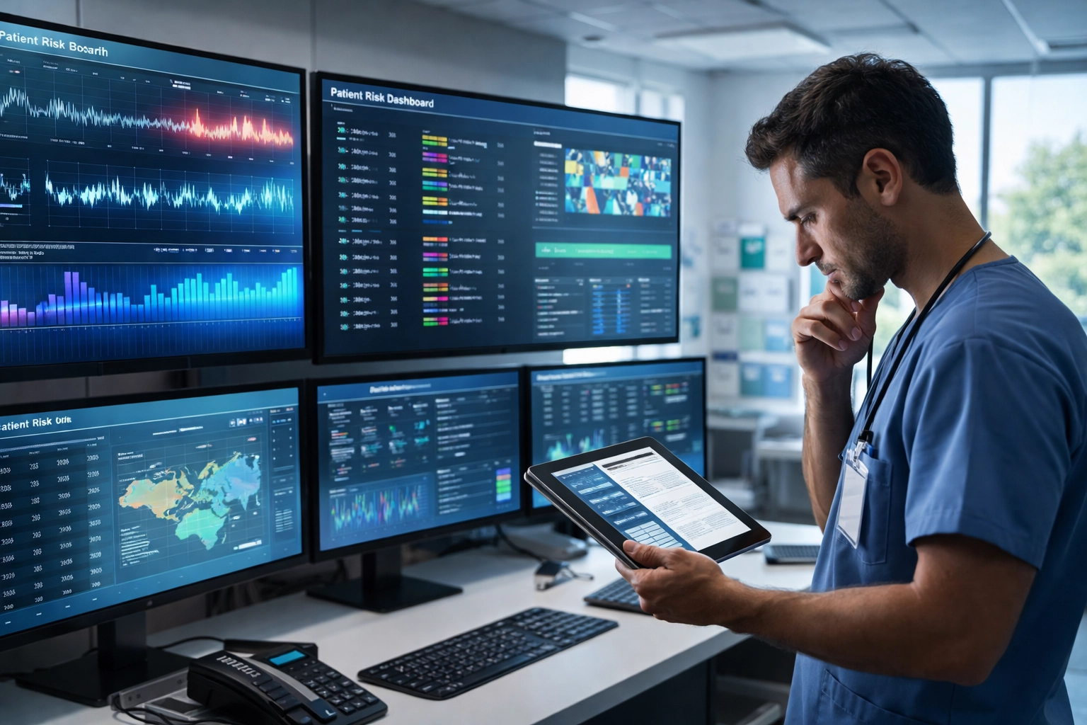 Clinician using predictive analytics dashboard to monitor patient risk data in modern healthcare setting