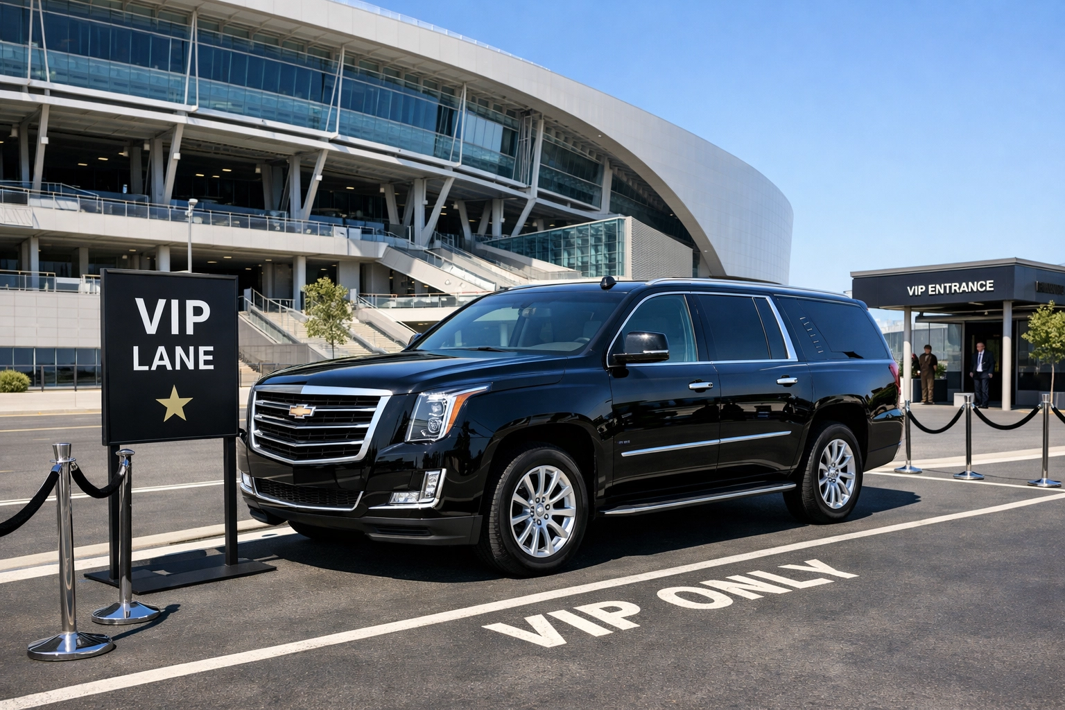 NEWSLETTER: The Ultimate Guide to High-Stakes Super Bowl Travel Management: Everything You Need to Succeed Luxury executive SUV parked in a VIP lane outside a modern sports stadium.