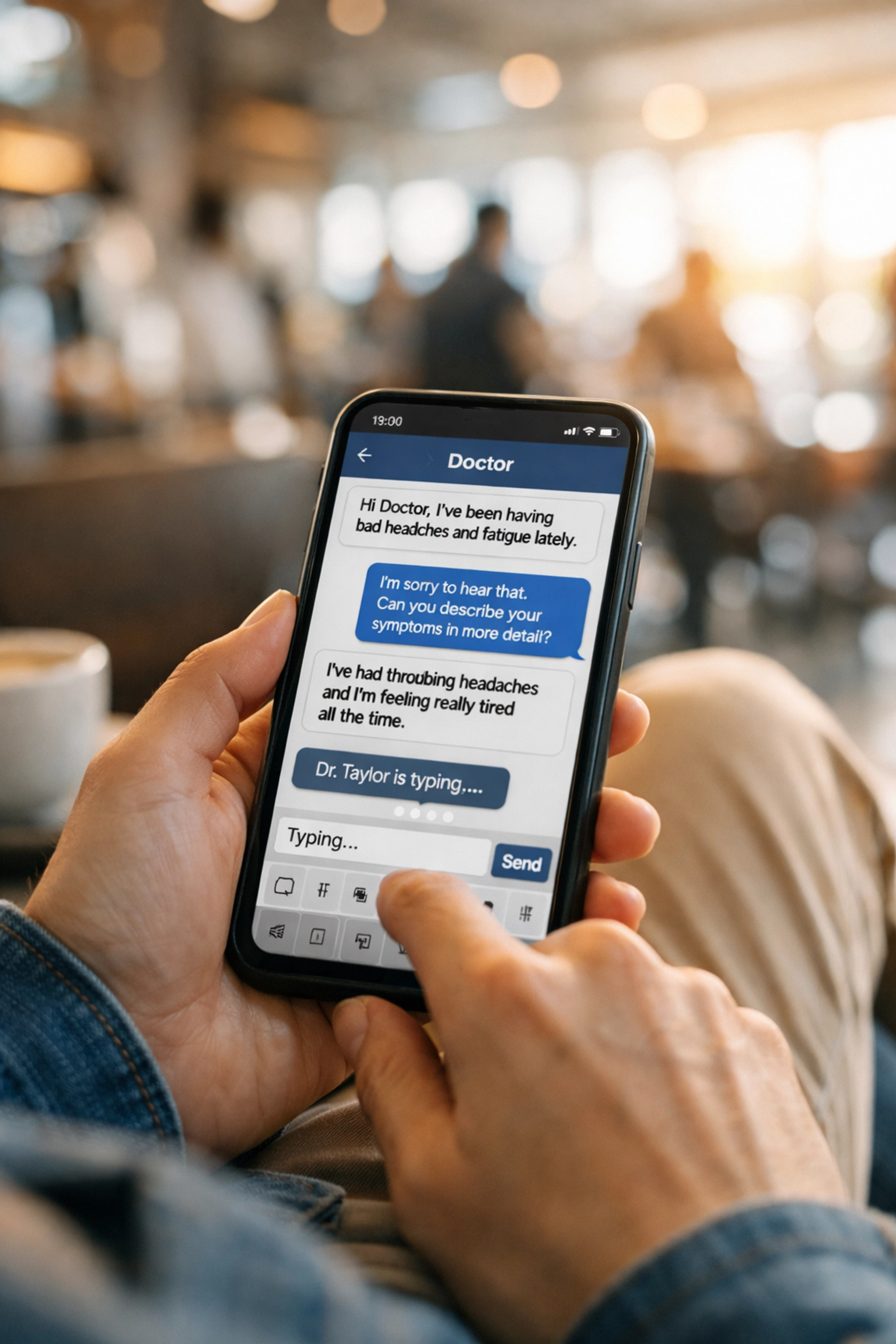 A patient using secure medical messaging on a smartphone to consult with a licensed doctor from a modern cafe.