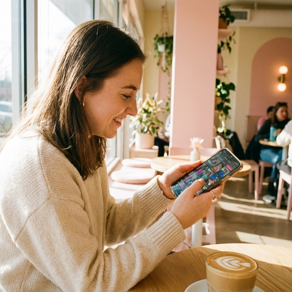 Woman scrolling TikTok on smartphone at café, discovering businesses through social media search