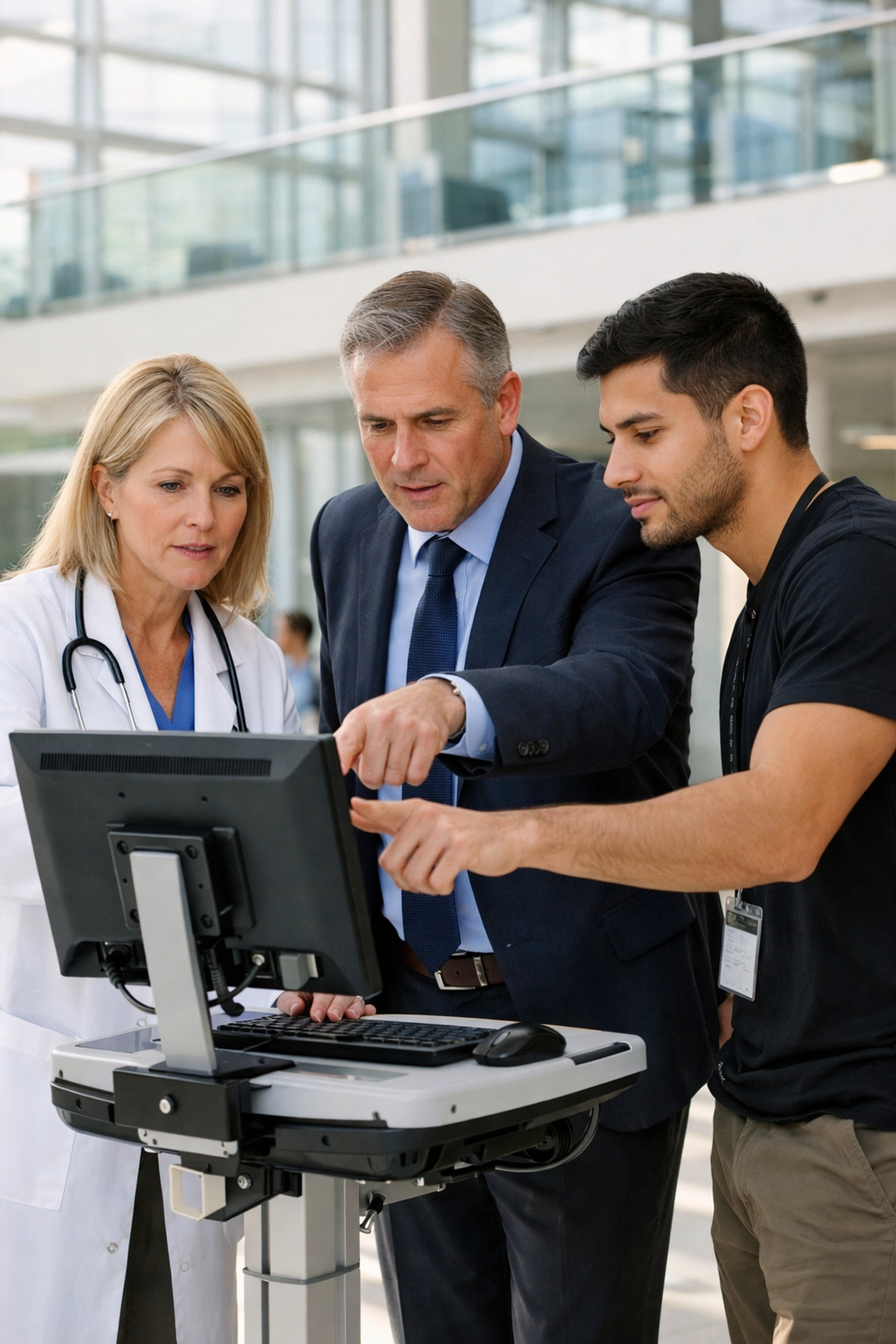 Hospital professionals discussing healthcare IT strategy and compliance to ensure clinical documentation integrity.