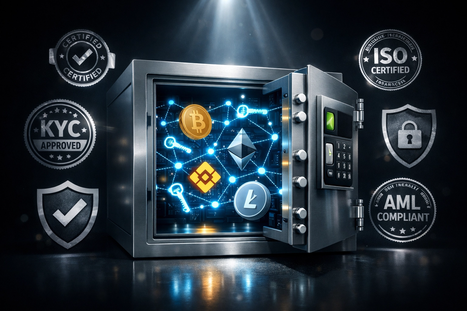 Secure crypto vault with compliance badges representing Larecoin's US regulatory framework