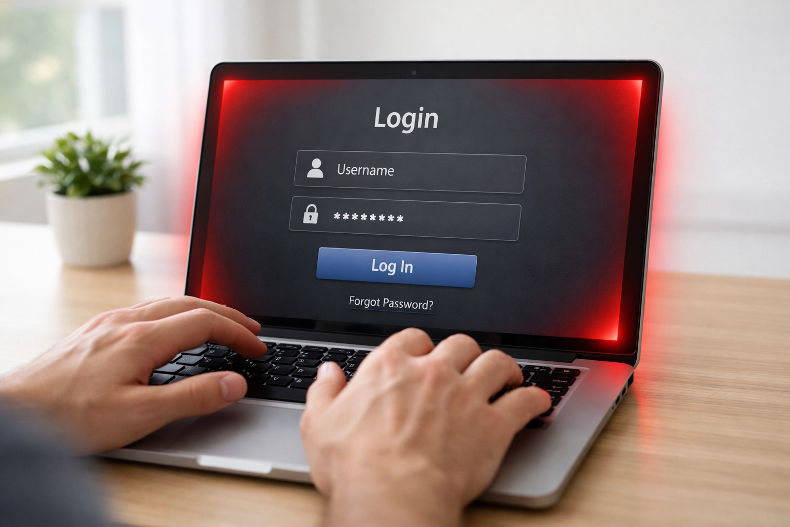 Person hesitating at laptop displaying suspicious fake login page used by hackers to steal credentials