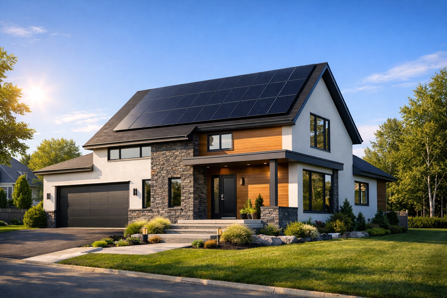 Installation de panneaux solaires sur le toit d'une maison québécoise moderne, sous un beau soleil d'été