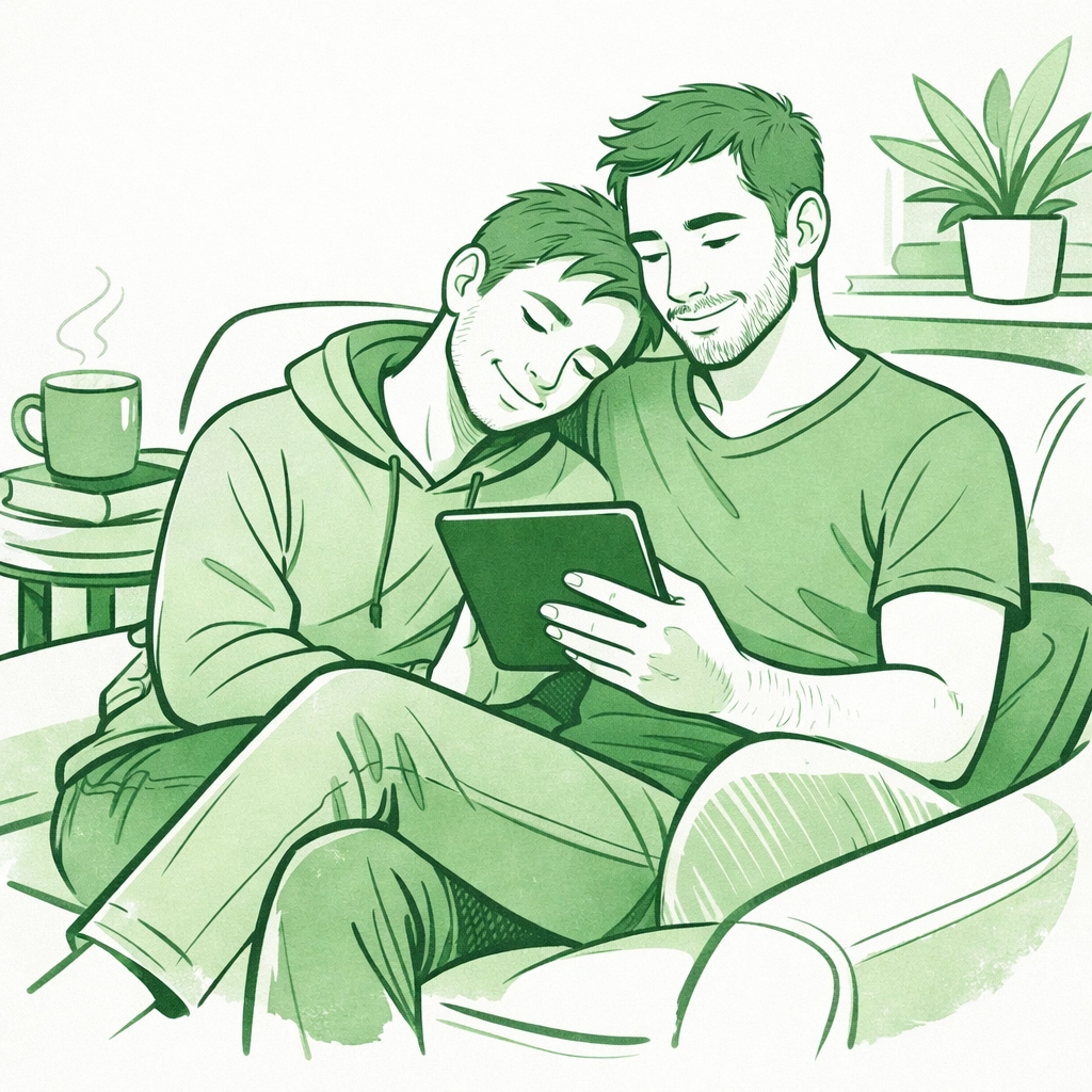 Intimate MM couple enjoying LGBTQ+ ebooks together on a tablet in a minimalist green-toned room.
