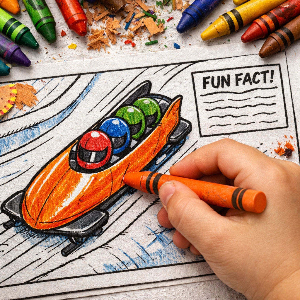 A child coloring a bobsled illustration in the Winter Sports Coloring Book for Kids activity book.