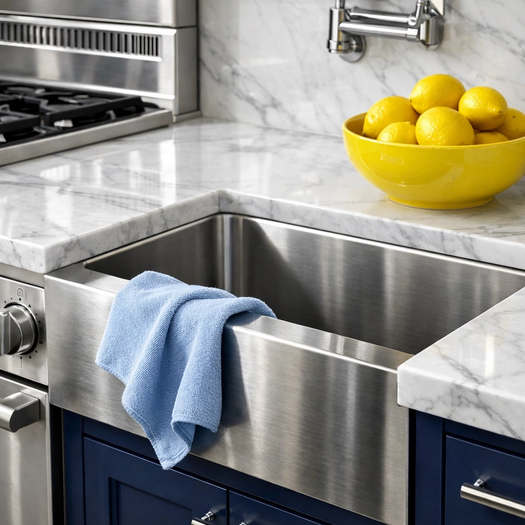 Spotless marble kitchen counter and stainless steel sink maintained by recurring house cleaning experts in Southborough.