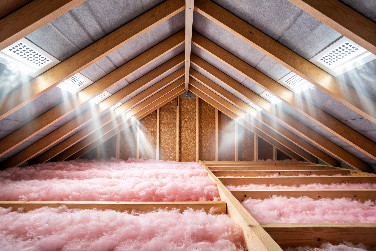 Well-ventilated attic in a Northern Ireland home showing soffit vents, ridge vent, and proper insulation for roof health.
