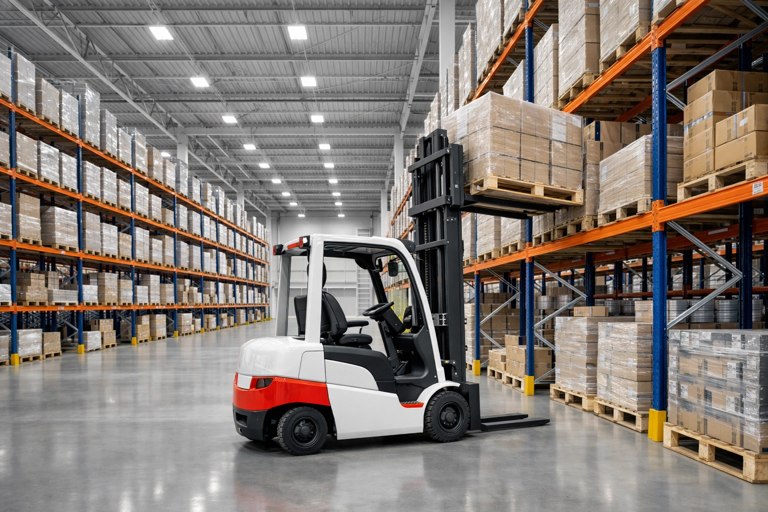 Modern Hertford warehouse with high-bay racking and a forklift managing retail logistics inventory.