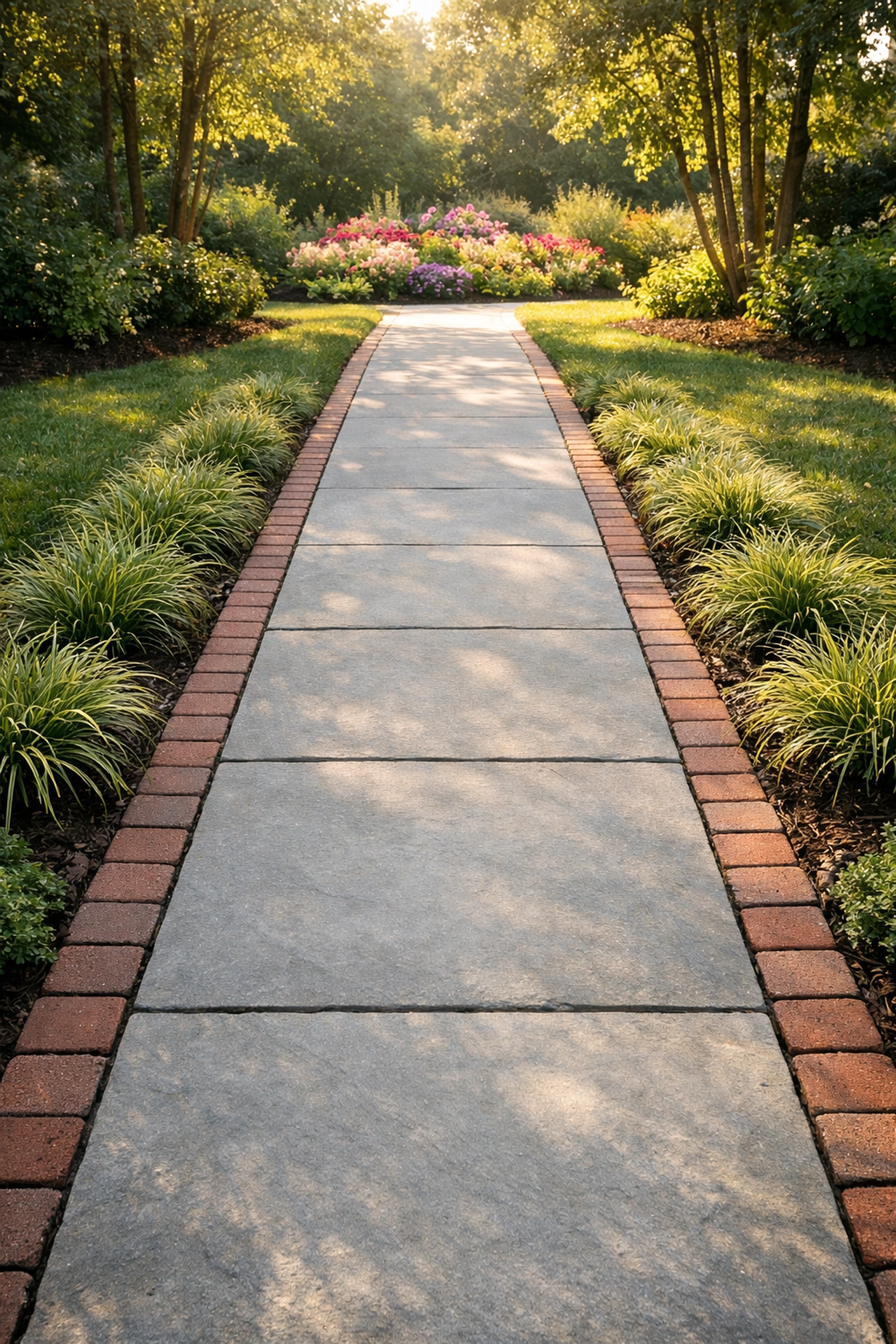 Level flagstone garden path with clear brick edging for safe walking and outdoor fall prevention.