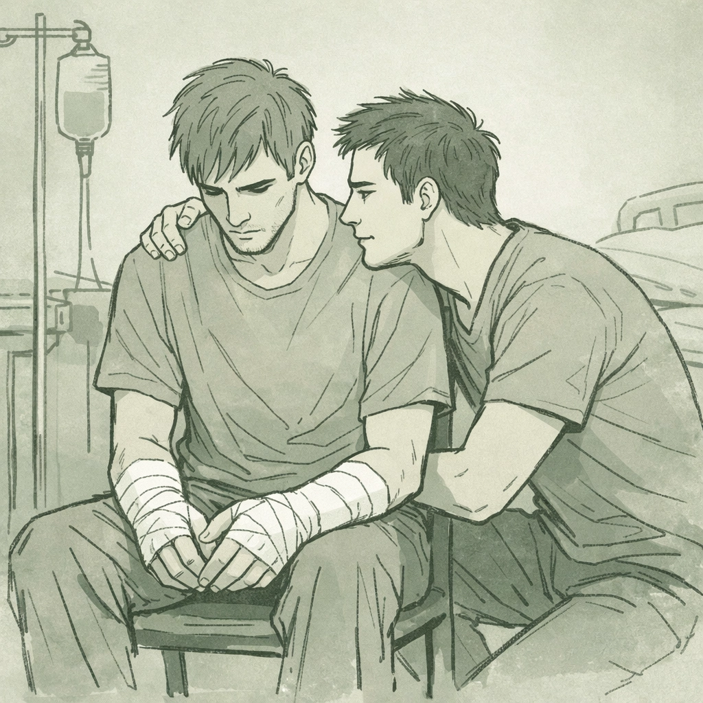 Man with bandaged hands comforted by lover showing possessive gay romance