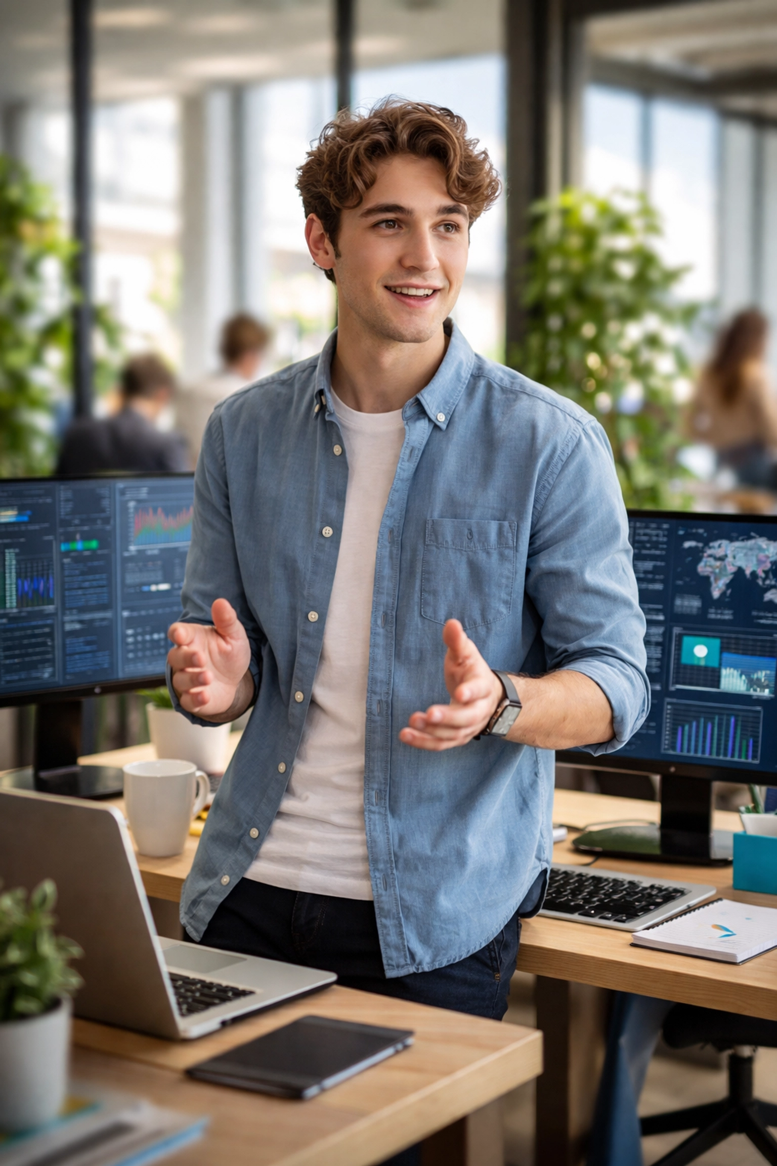 Confident young man at tech workspace, demonstrating practical STEM skills gained through microcredentials