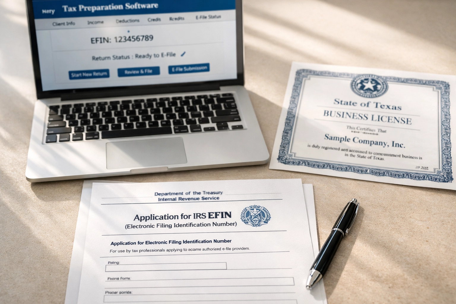 IRS EFIN application and Texas business license documents for tax service bureau setup