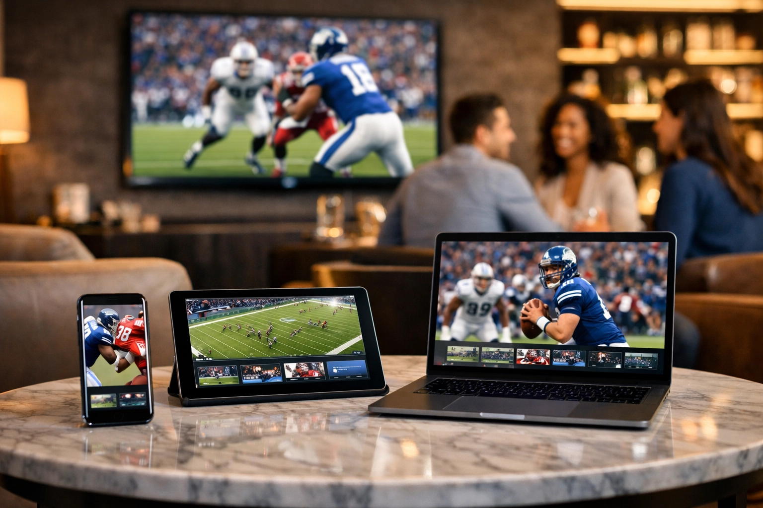 Multi-platform sports media landscape with live game streaming on smartphone, tablet, and widescreen TV.