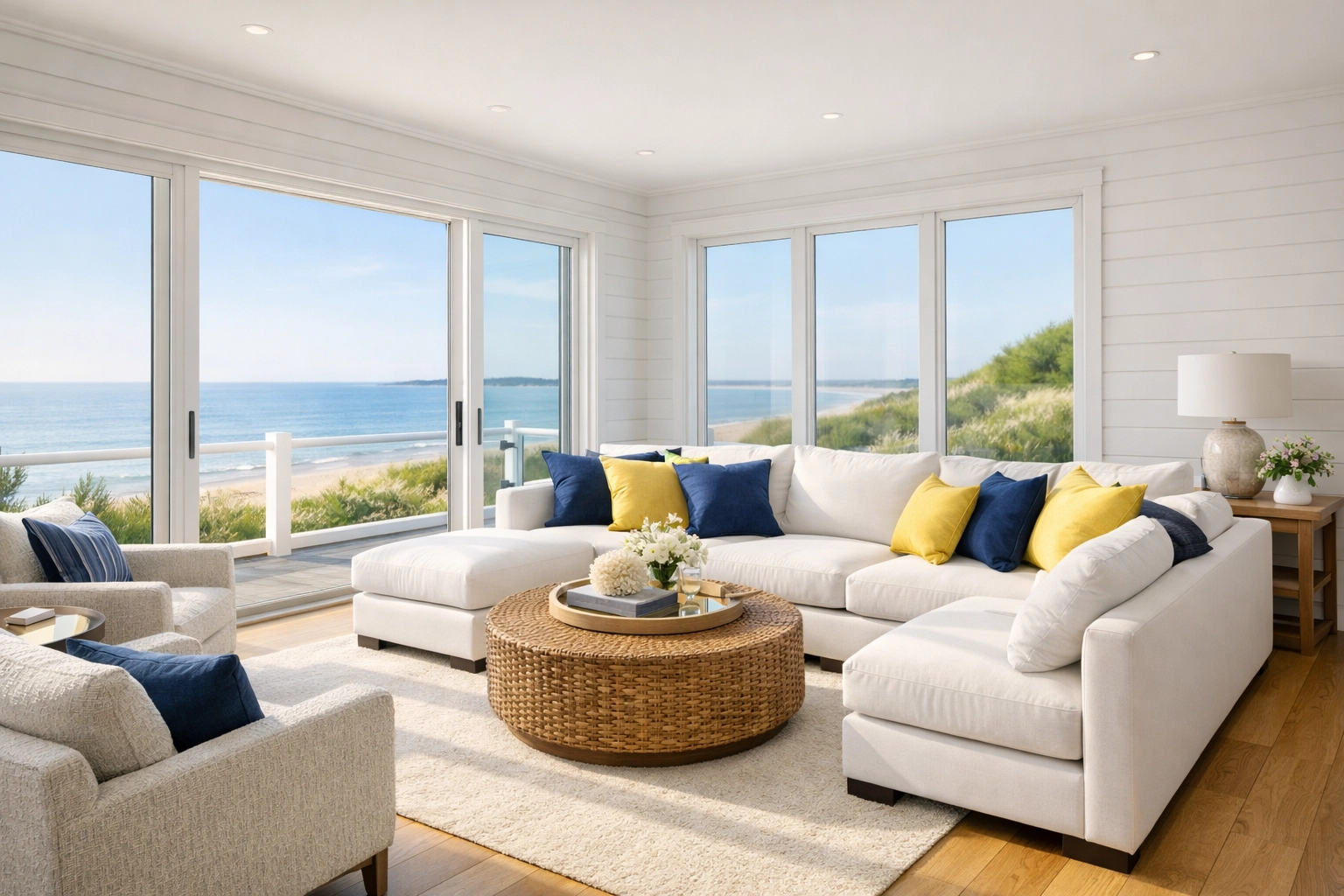 Clean coastal living room in Popponesset featuring polished wood floors and ocean views.