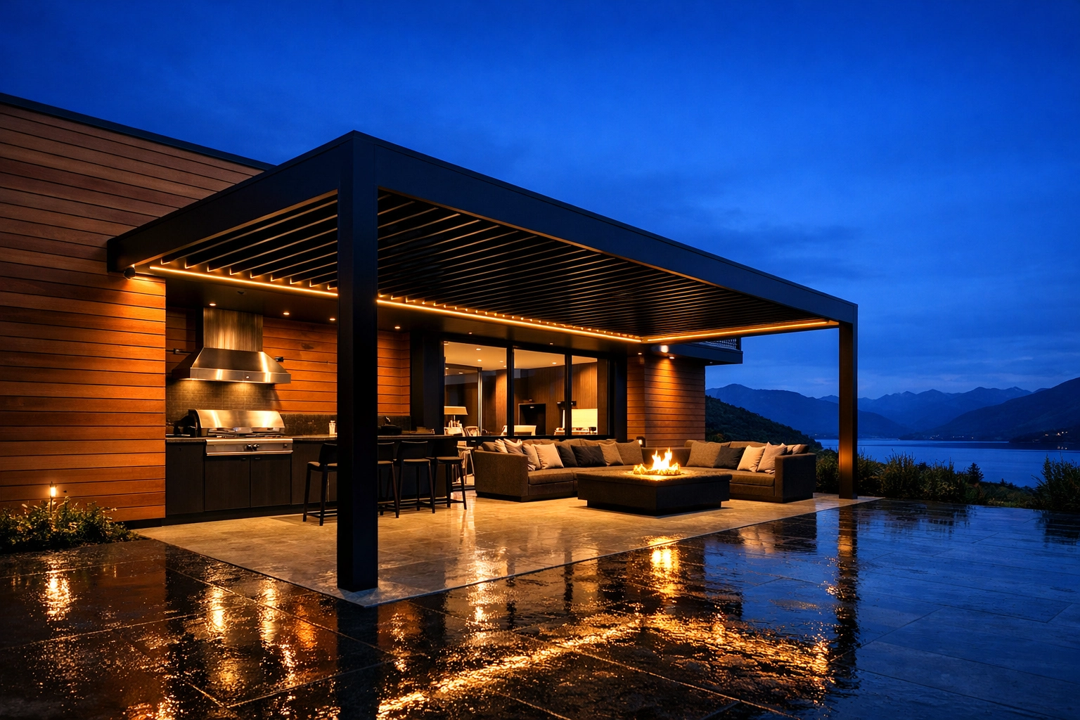 A seamless black louvre system with integrated drainage protecting a modern outdoor living area in New Zealand.