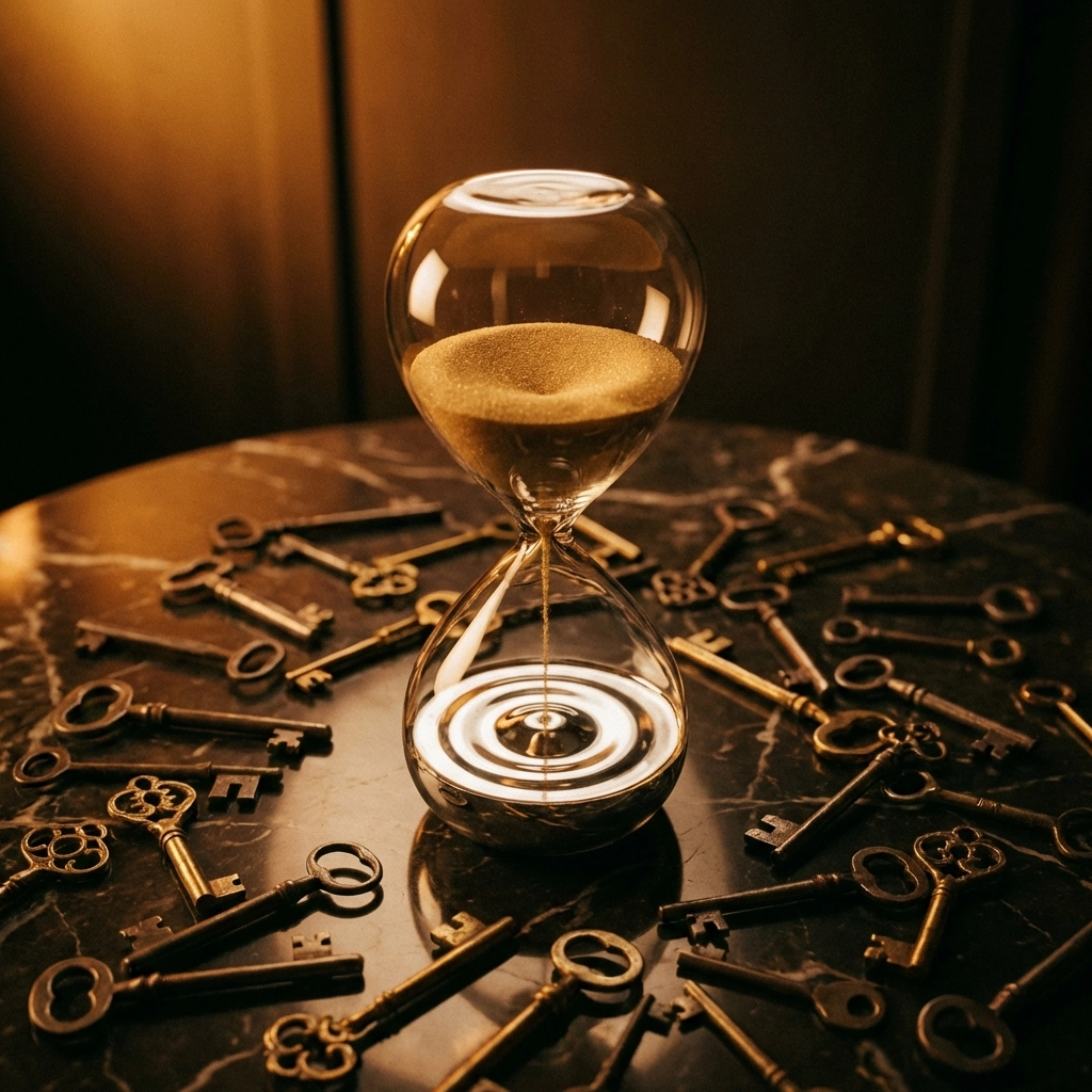 Hourglass with gold and silver sand surrounded by keys, symbolizing liquidity risk and locked capital for accredited investors.