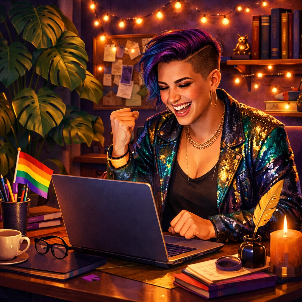An empowered queer author celebrating publishing their first MM romance book on the Read with Pride marketplace.