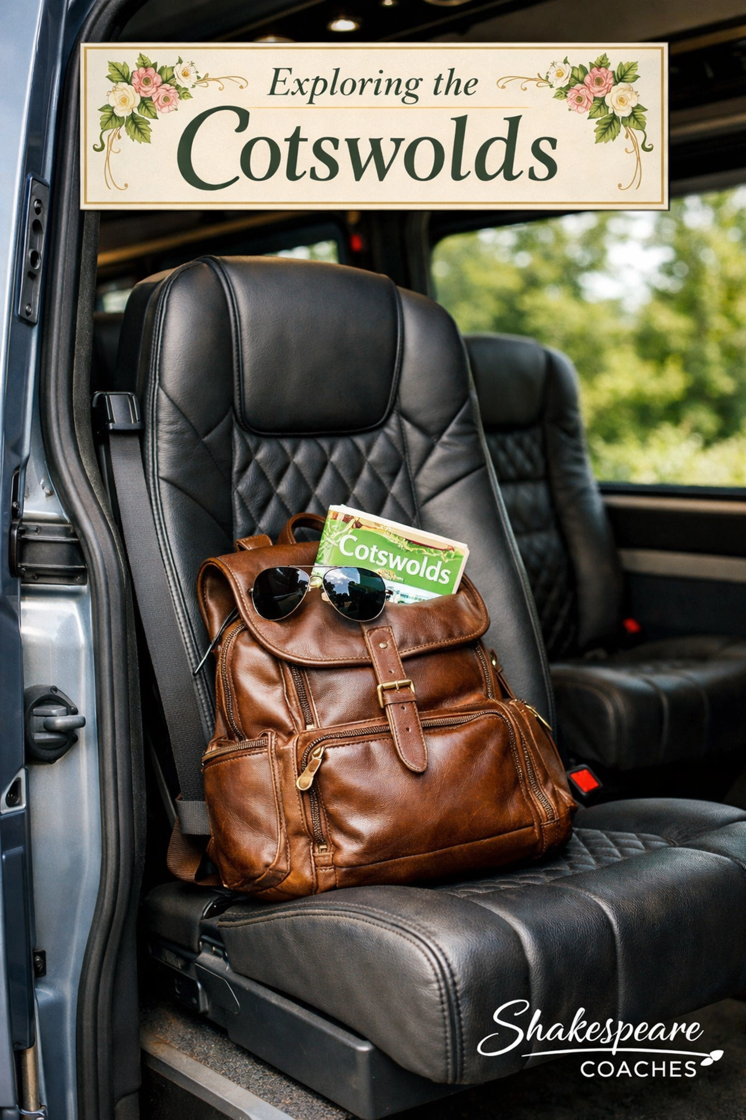Essential day bag and map on a seat inside a silver blue Mercedes minibus for a Cotswolds day tour.