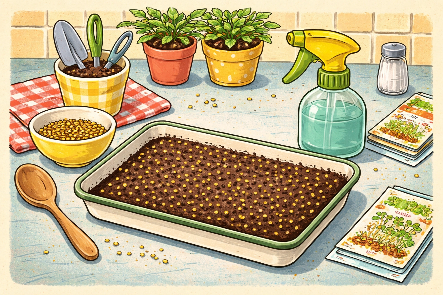 Overhead view of microgreen seeds, a shallow tray with soil, and a spray bottle arranged on a whimsical kitchen counter in a 1950s storybook style