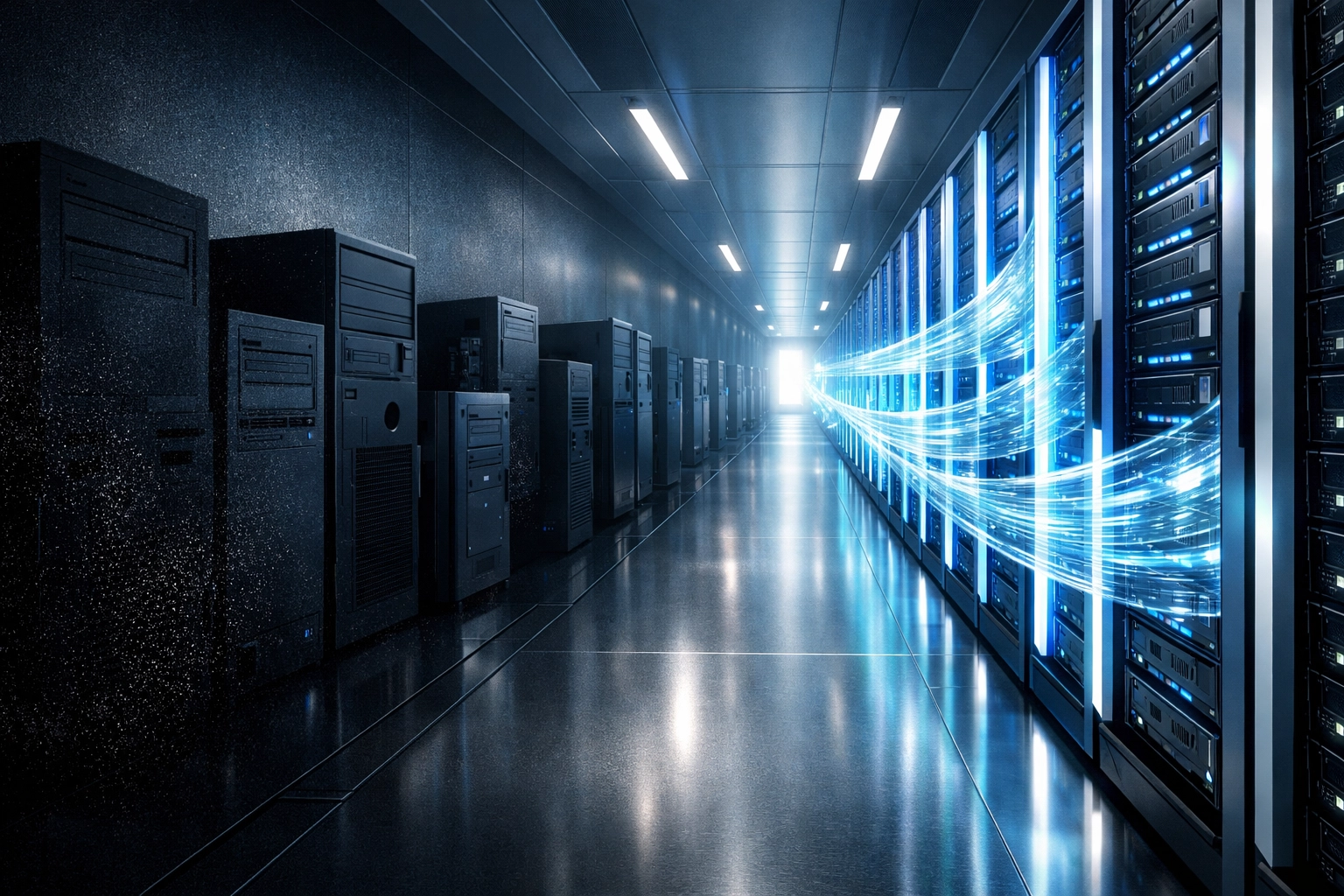 Modern server infrastructure and data flows replacing legacy IT systems and hardware.