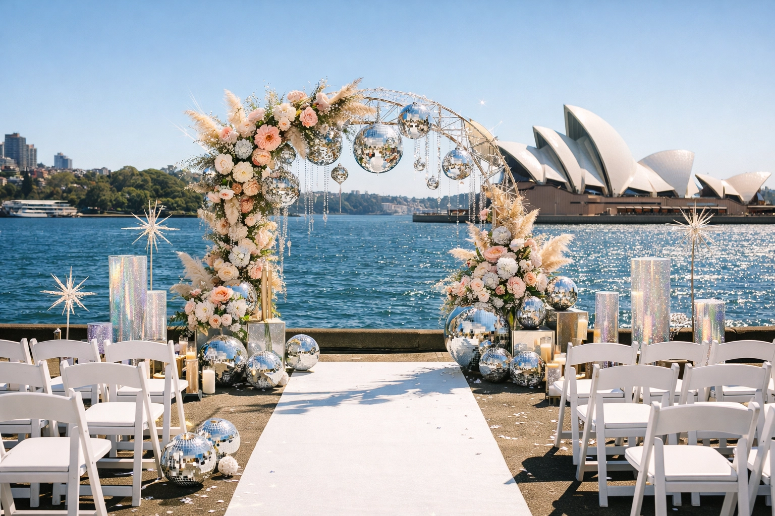 Outdoor LGBTQ+ wedding ceremony setup with Sydney Opera House view