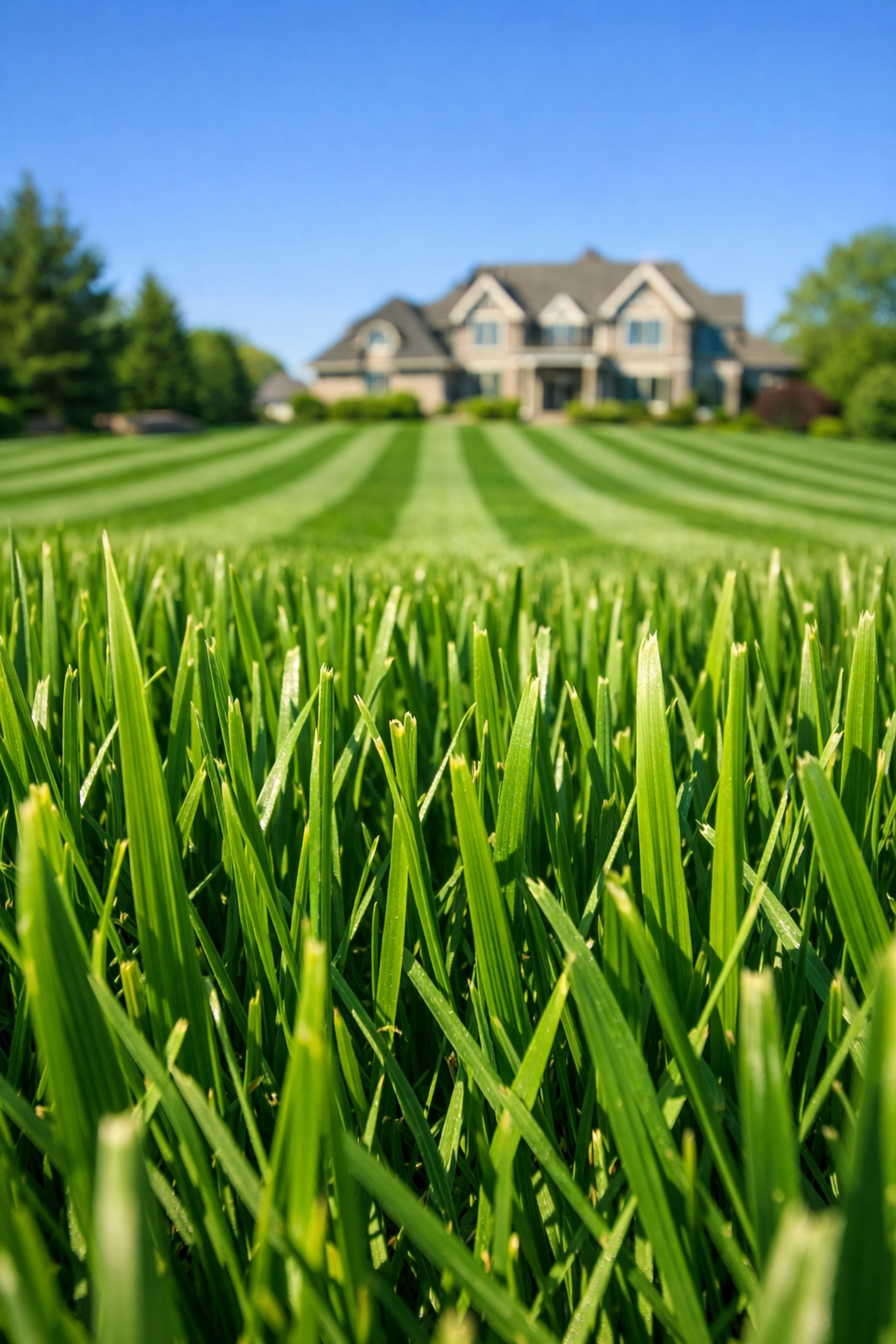 Perfectly striped lush green lawn cut at four inches by professional landscaping equipment in Michigan.