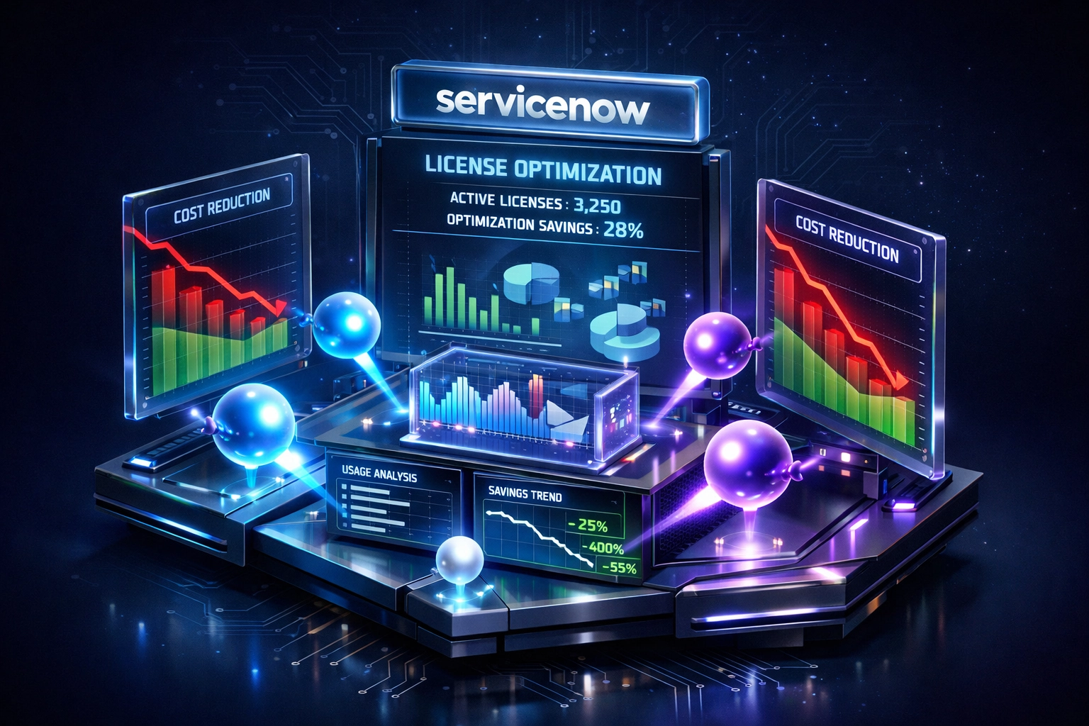 ServiceNow ITOM dashboard displaying agentic AI license optimization and cost reduction metrics