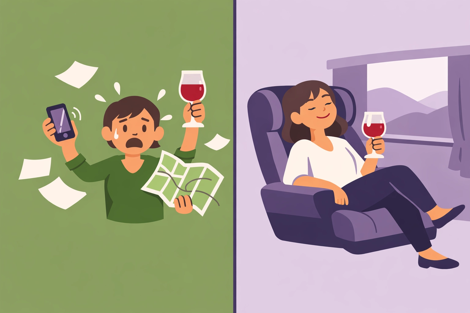 Stressed DIY wine tour planner versus relaxed guided tour guest in Virginia