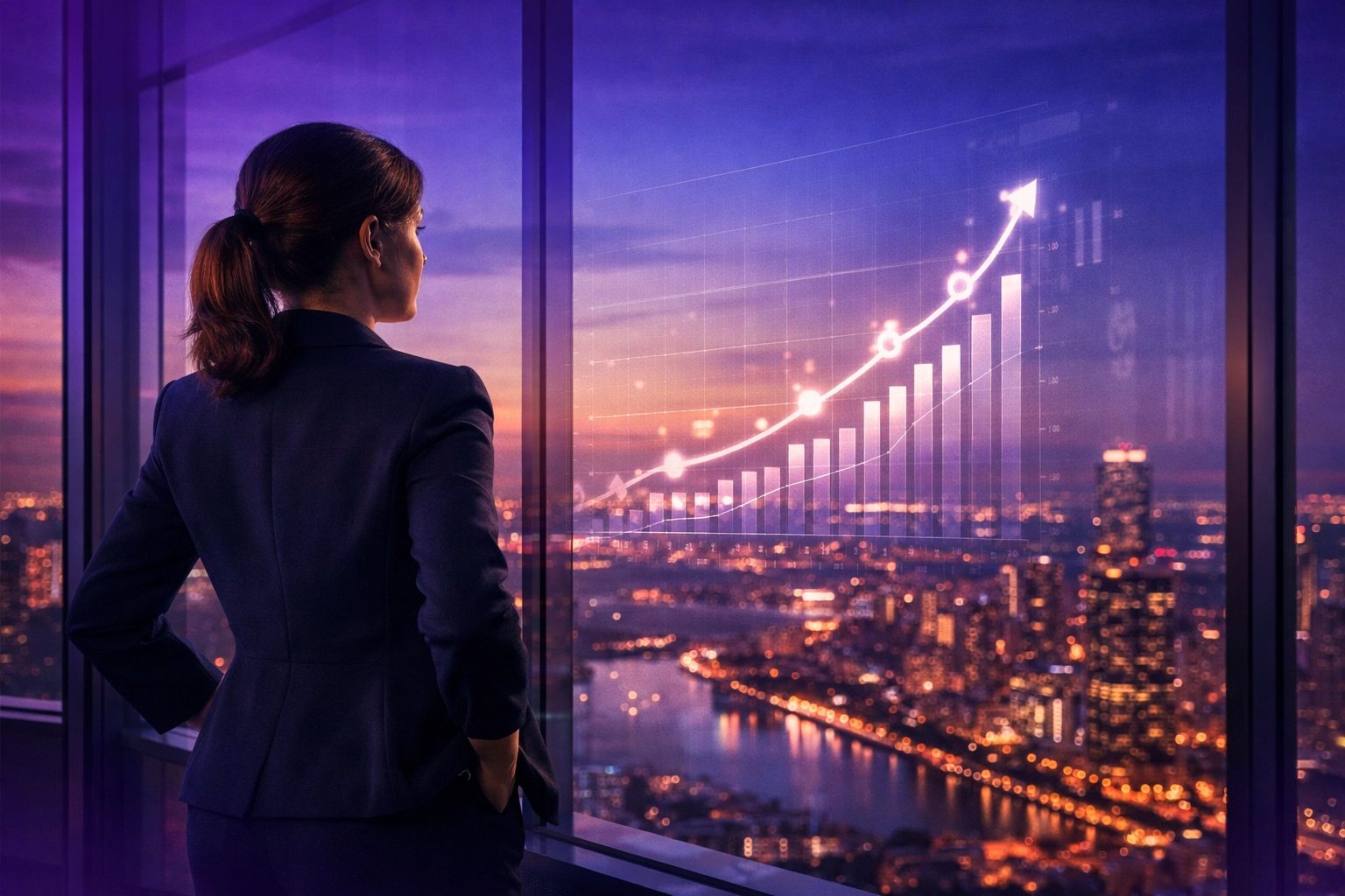 Business director looking at a growth curve, reflecting on scaling an agency with AI deployment.