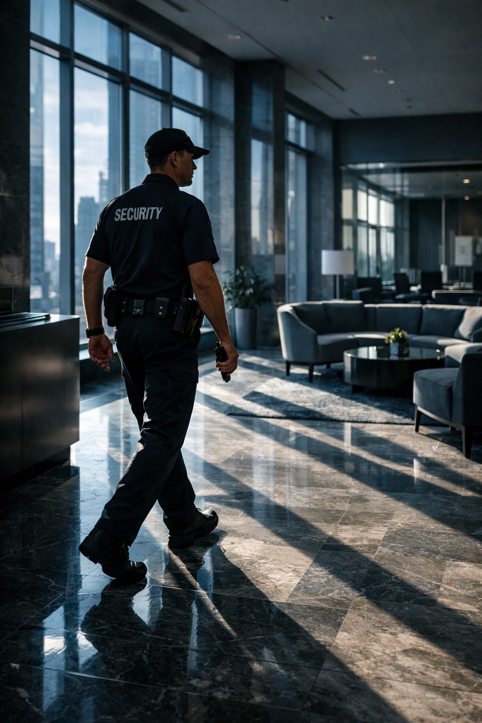 Unarmed security guard patrolling modern corporate office lobby in Richmond
