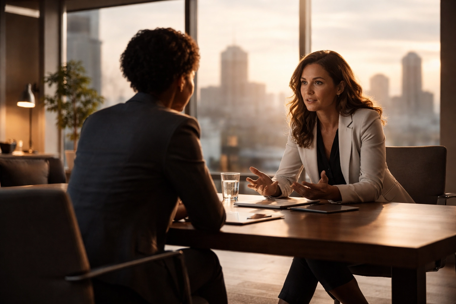 Professional woman engaged in a coaching session in a modern office, illustrating executive performance coaching for high-achievers