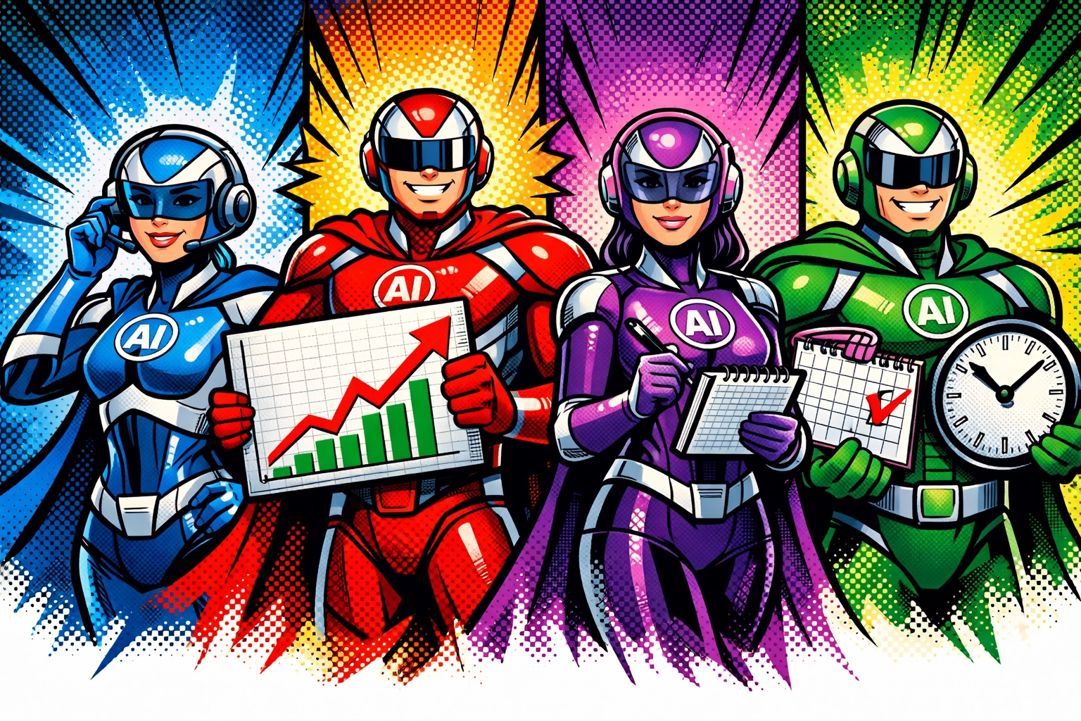 AI team members handling customer service, sales, content creation, and scheduling tasks