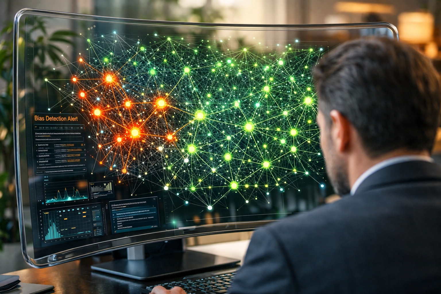 Technical AI ethics professional auditing a neural network for algorithmic bias on a digital display.
