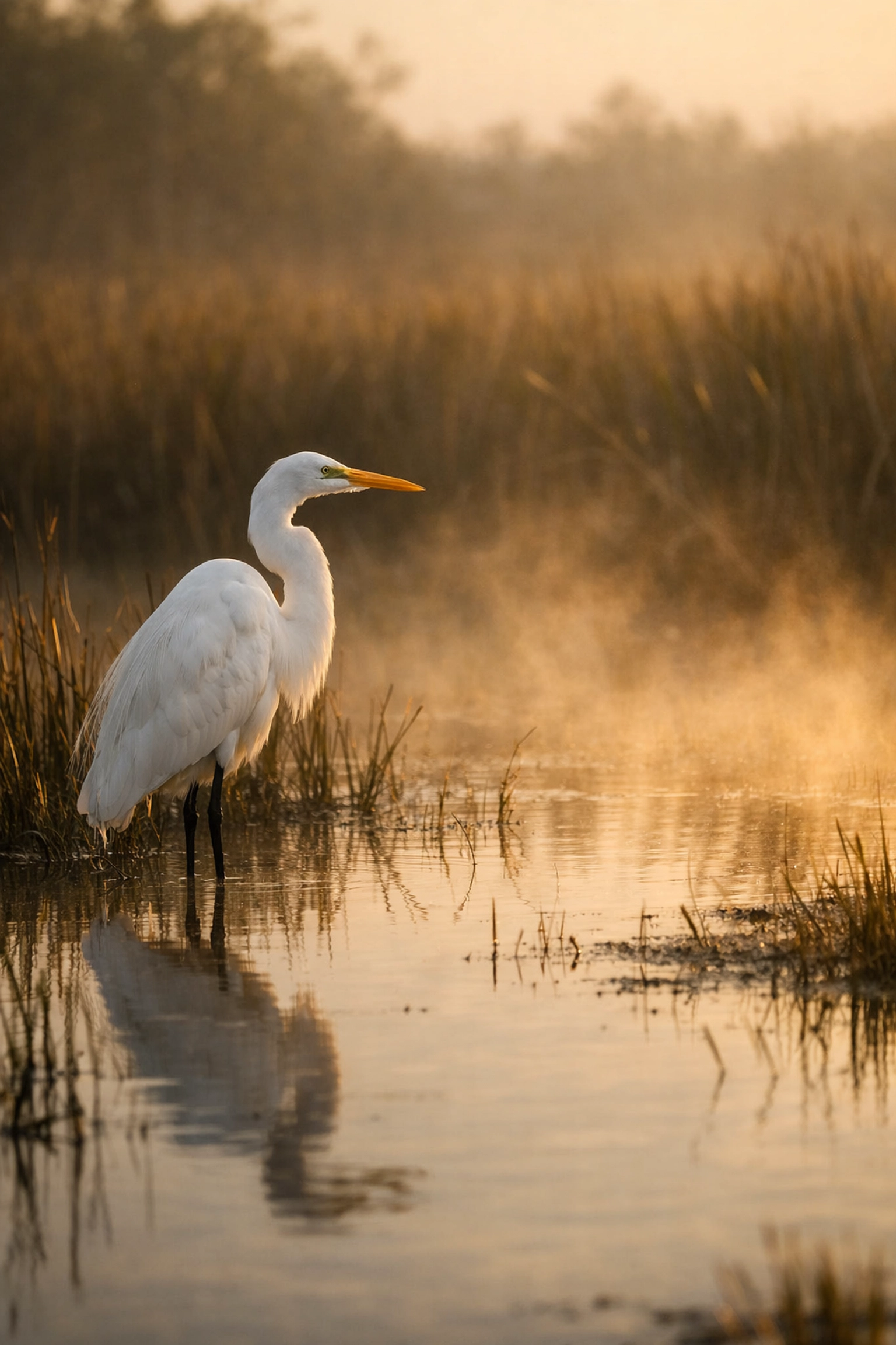 A Great Egret in a misty marsh at sunrise, demonstrating wildlife photography Everglades techniques during the golden hour.