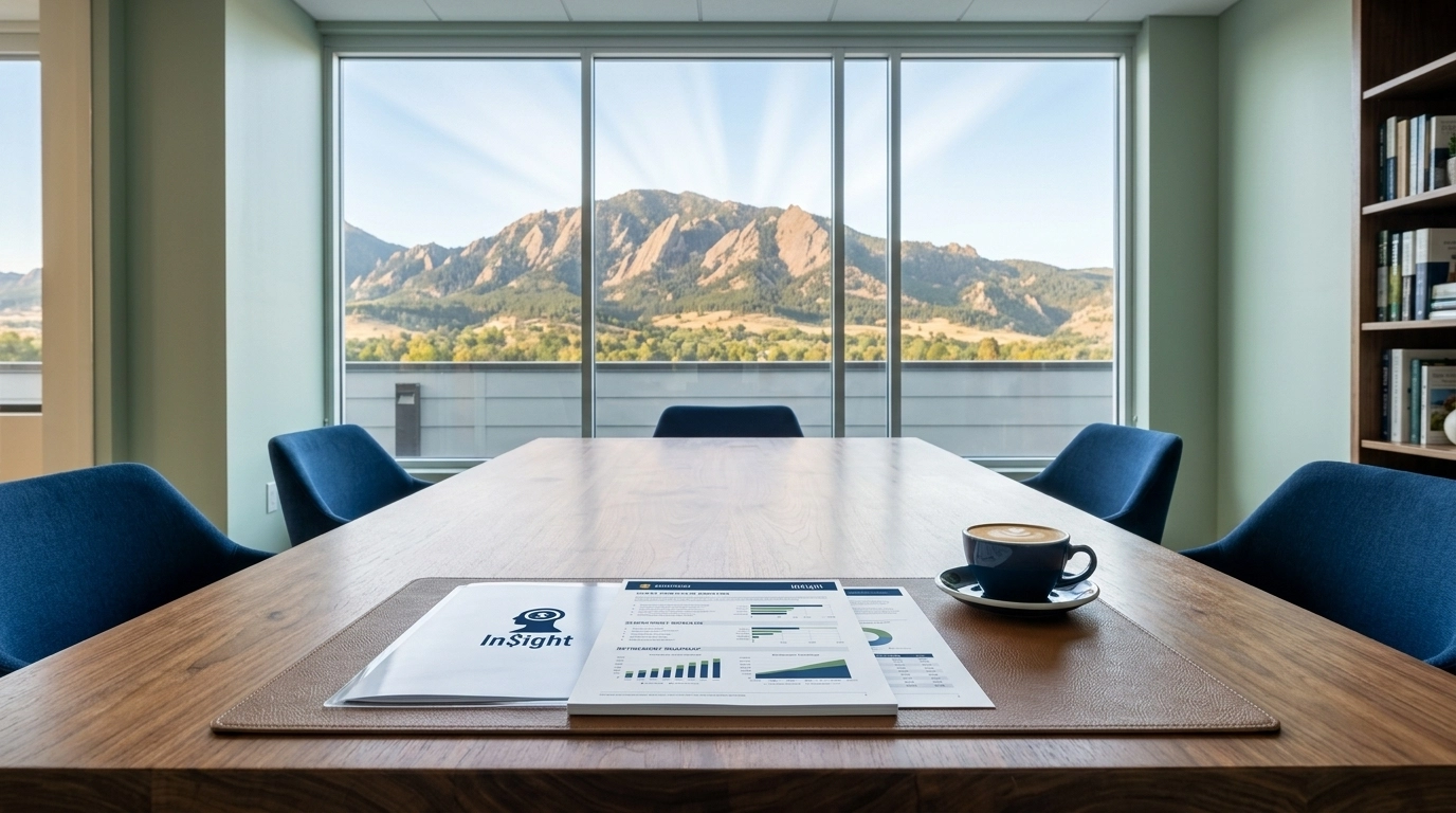 A high-resolution photograph of a structured office interior in Boulder with a view of the Flatirons, featuring an organized financial plan on a wooden table.
