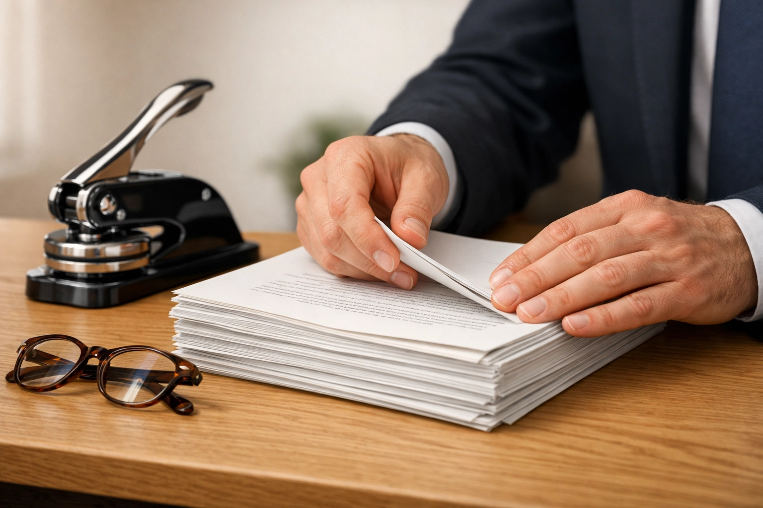 Professional hands organizing legal documents on a desk with a notary embosser for expert mobile notary services.