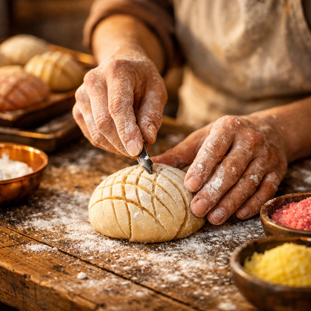 Close-up of a baker preparing traditional Mexican pastries in a Plateau culinary workshop.