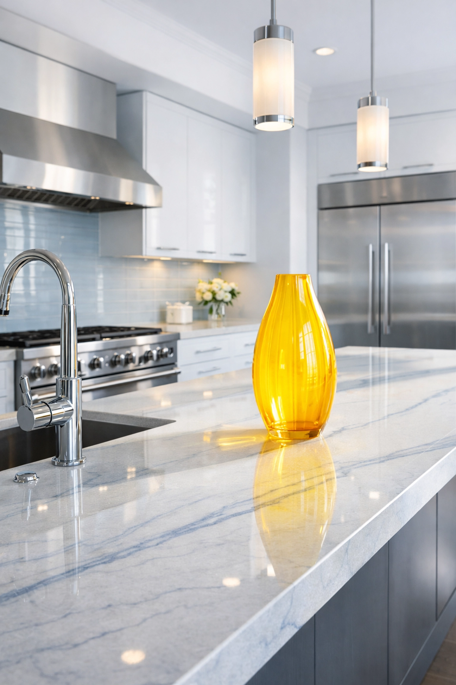 Professional luxury residential cleaning in Acton ensures spotless kitchen countertops and fixtures.