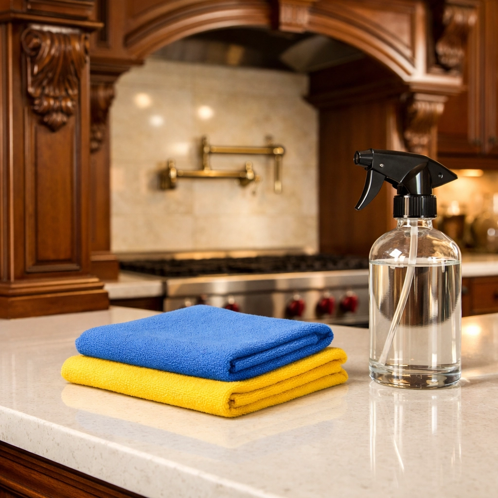 Professional house cleaning of luxury mahogany and quartz surfaces in a Manchester-by-the-Sea Summer Cottage.